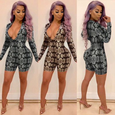 Print Deep V Neck Long Sleeves Romper Shorts K8665