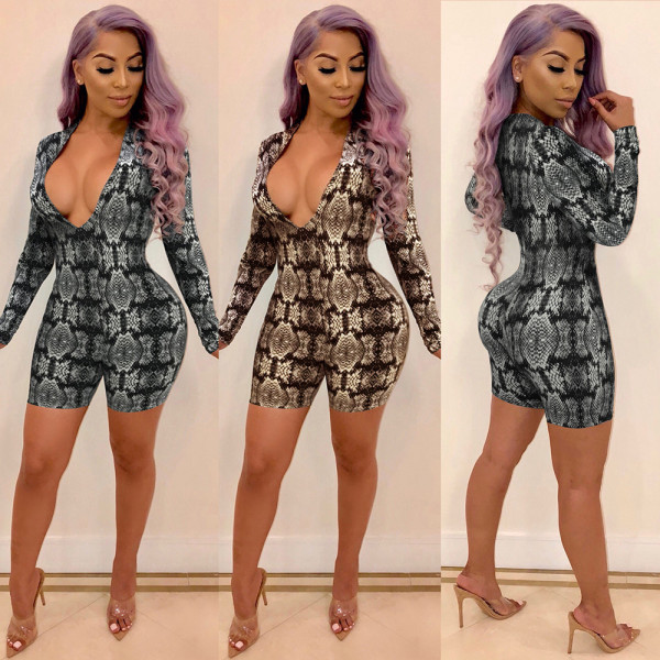 Print Deep V Neck Long Sleeves Romper Shorts K8665