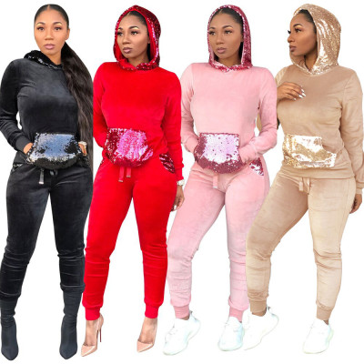 Sequin Pleuche Outfits Pockect Hoodies Slinky Pants X9090