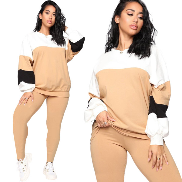 Color Block O Neck Loose Top Pure Color Skinny Pants Casual Sets TK6038