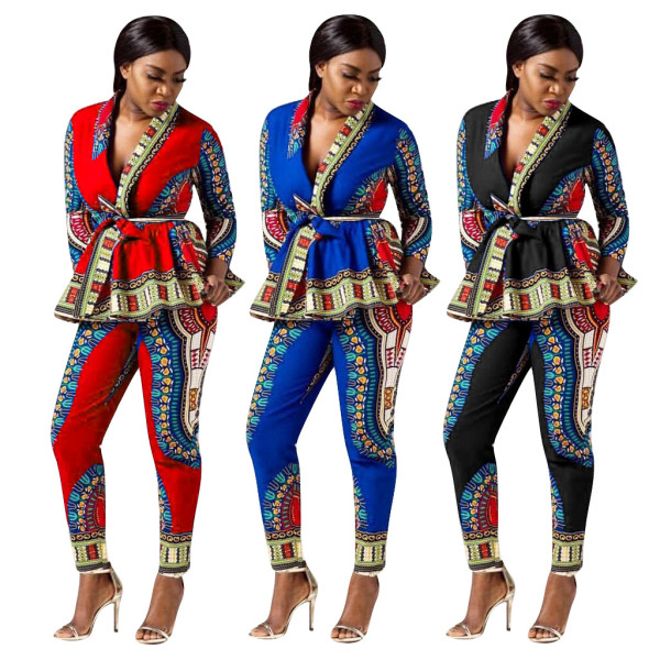 Ruffle Bandage Coat Pencil Pants National Style Print Sets QQM3898