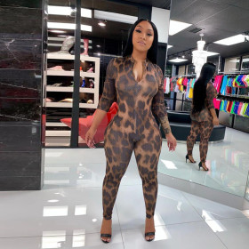 Fall Women's Leopard Print High Waist Raise Fitness Jumpsuit P1735147