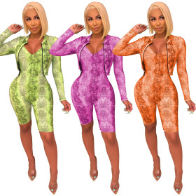 Hot Sell Snake Printing Sets Short Coat Bodycon Mid Jumpsuit U7079