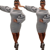 Slim Bodycon Lantern Sleeves Gray Dress For Sale OMY5085