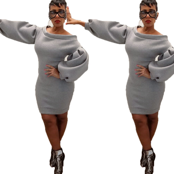 Slim Bodycon Lantern Sleeves Gray Dress For Sale OMY5085
