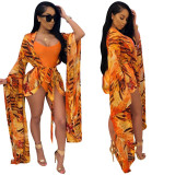 Solid Condole Belt Swimwear Loose Sleeves Cloak With Belt BN9063