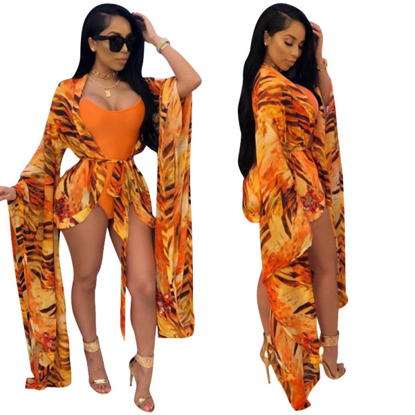 Solid Condole Belt Swimwear Loose Sleeves Cloak With Belt BN9063
