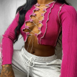 womens fashion contrast color long-sleeved strappy hollow sexy slim T-shirt women T1737968