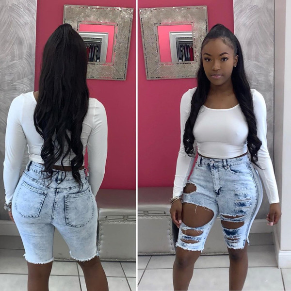 High waist washed snowflake hole stretch sexy denim shorts LA3178