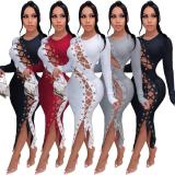 Sexy Solid Color Round Neck Long Sleeves Hollow Out Lace-Up Midi Bodycon Dress ZSC0354