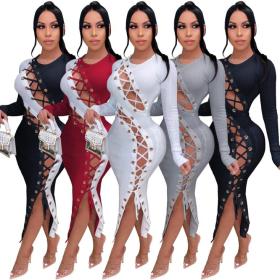 Sexy Solid Color Round Neck Long Sleeves Hollow Out Lace-Up Midi Bodycon Dress ZSC0354