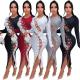 Sexy Solid Color Round Neck Long Sleeves Hollow Out Lace-Up Midi Bodycon Dress ZSC0354