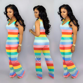 Casual Women Sleeveless Rainbow Stripe Long Jumpsuit AA5091