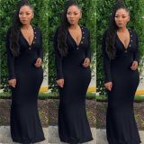 Hot Sell Solid Color Deep V Neck Autumn Maxi Dress YX9048