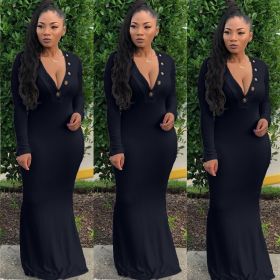 Hot Sell Solid Color Deep V Neck Autumn Maxi Dress YX9048