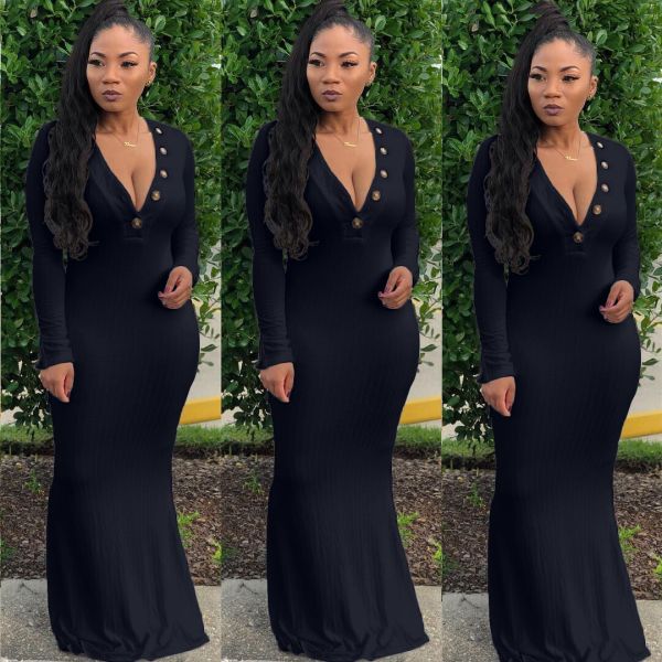 Hot Sell Solid Color Deep V Neck Autumn Maxi Dress YX9048