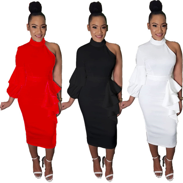 Cheap Irregular Plain Color Single Shoulder Ruffle Midi Dress MDF5102