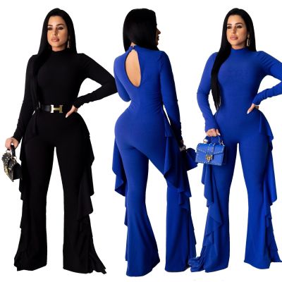 Ribber Solid Color Flounces Round Neck Wide Leg Jumpsuit SN3723