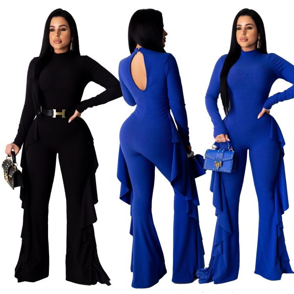 Ribber Solid Color Flounces Round Neck Wide Leg Jumpsuit SN3723