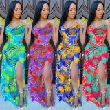 Women's digital printing sexy sling split open back cross strap long dress XZ3644