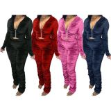 Fashion Solid Color Zipper V-Neck Long Sleeves Hooded Mini Top With Trousers Pleated Two Piece Set