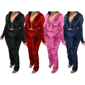 Fashion Solid Color Zipper V-Neck Long Sleeves Hooded Mini Top With Trousers Pleated Two Piece Set
