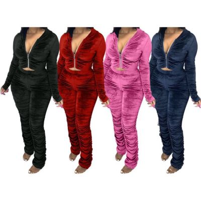 Fashion Solid Color Zipper V-Neck Long Sleeves Hooded Mini Top With Trousers Pleated Two Piece Set