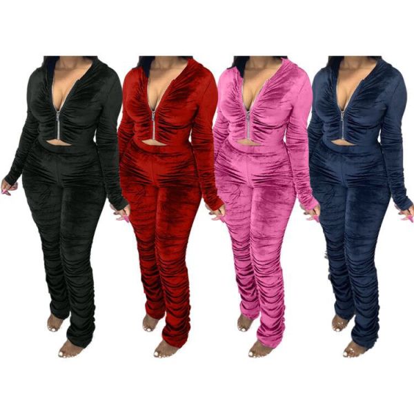 Fashion Solid Color Zipper V-Neck Long Sleeves Hooded Mini Top With Trousers Pleated Two Piece Set