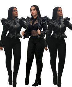 Black Pu Leather Ruffle Sleeves Jackets AA5043