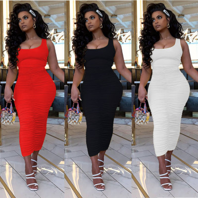 Fashion casual sexy solid color fold nightclub style slim shoulder strap dress SM9086