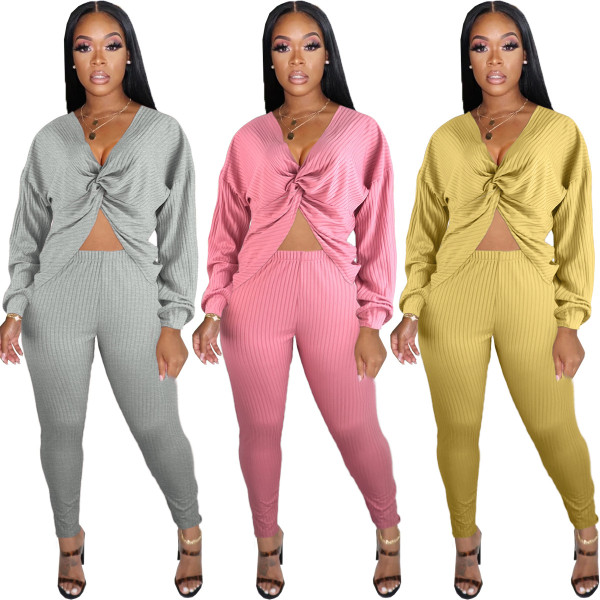 Fashion pit strip two-wear twisted deep V-neck top casual suit BLX7527