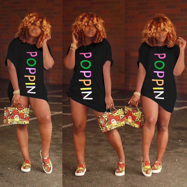 Women Blouse Letters Printing Half Sleeves Short Dress H1047