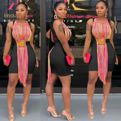 New Design Slim Bodycon Sleeveless Dress With Tassel RB3021
