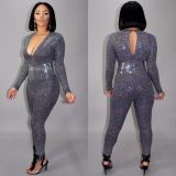 Bling Bling Sequins V Collar Slim Fitting Jumpsuit For Women NK072