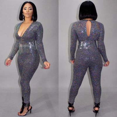 Bling Bling Sequins V Collar Slim Fitting Jumpsuit For Women NK072