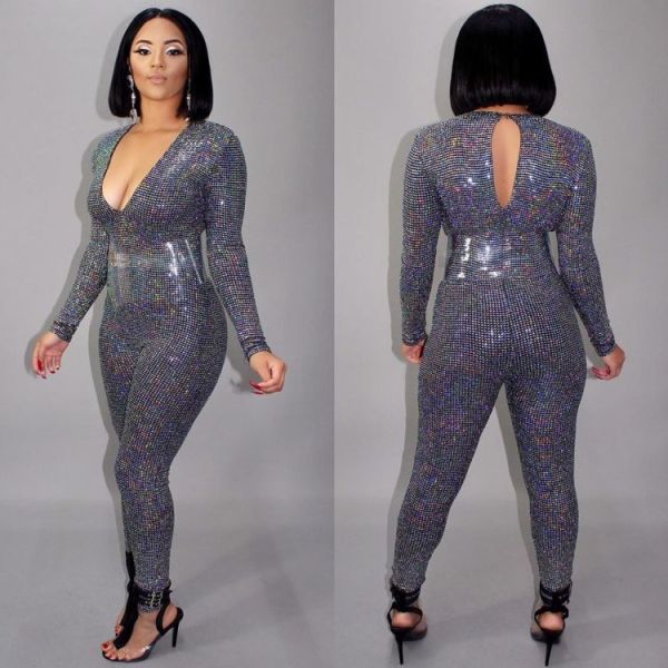 Bling Bling Sequins V Collar Slim Fitting Jumpsuit For Women NK072