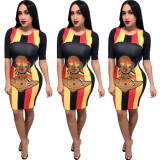 Stripe Cartoon Printing Half Sleeve Cheap Dress E8311