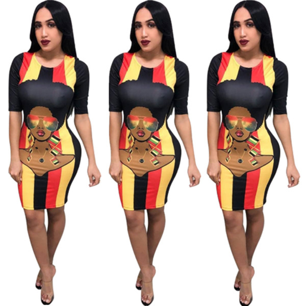 Stripe Cartoon Printing Half Sleeve Cheap Dress E8311