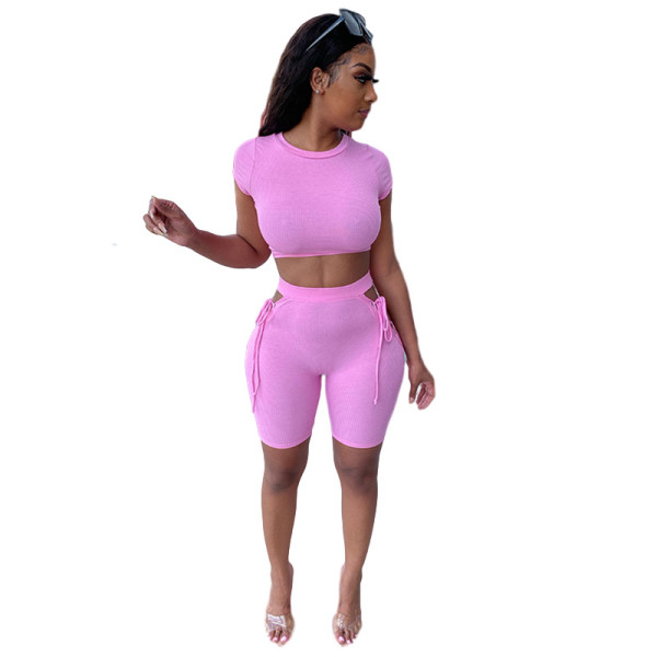 Fashion Striped Round Neck Short Sleeve T-Shirt Hollow Bandage Five-point Pants Set A20329S
