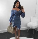 Hot Sale Denim Long Sleeves Strapless Ripped Midi Dress SS1128