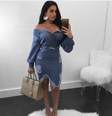 Hot Sale Denim Long Sleeves Strapless Ripped Midi Dress SS1128