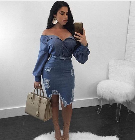 Hot Sale Denim Long Sleeves Strapless Ripped Midi Dress SS1128