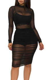 Nightclub mesh dress + small vest + shorts explosion three-piece WMZ2482