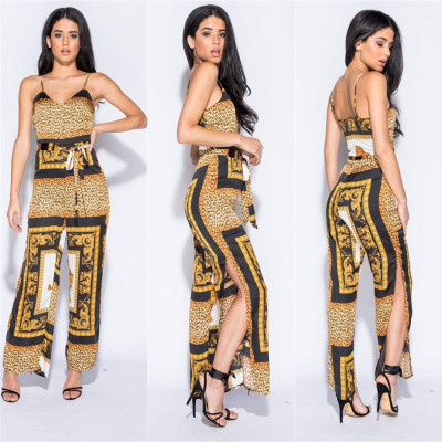 Online Sale Split Leopard Print Spaghetti Strap Jumpsuit YZ1570