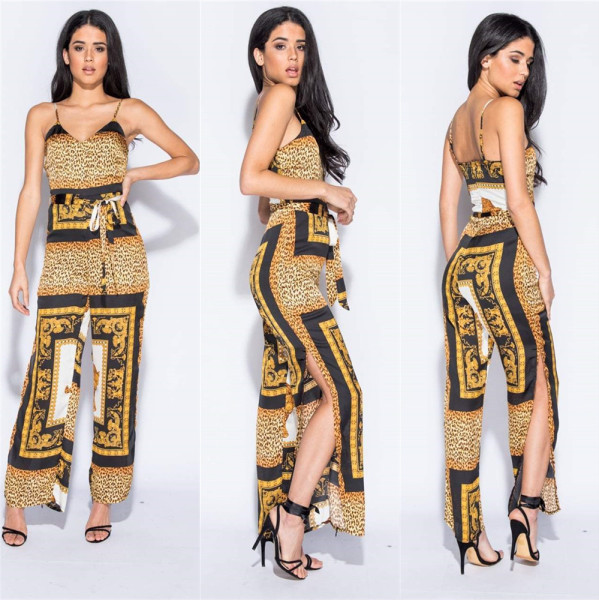 Online Sale Split Leopard Print Spaghetti Strap Jumpsuit YZ1570