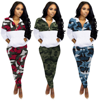 Camouflage Splicing Big Pocket Zipper Bodycon Sport Jumpsuits 2pcs H1273