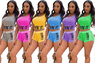 Casual Solid Color Letter Printed Round Neck Short Sleeves Drawstring 2 Pcs Suits LA3202