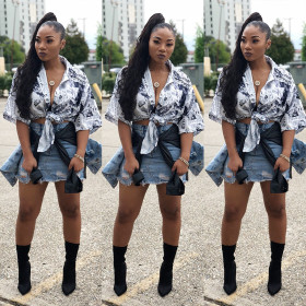 Stylish Half Sleeves Long Shirt Newspaper Printing Mini Dress GL6070