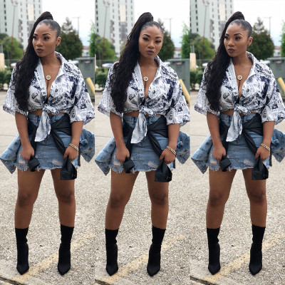 Stylish Half Sleeves Long Shirt Newspaper Printing Mini Dress GL6070