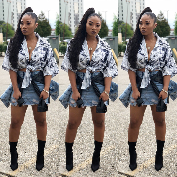 Stylish Half Sleeves Long Shirt Newspaper Printing Mini Dress GL6070
